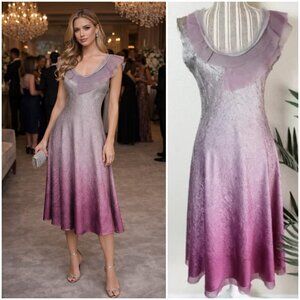 Komarov Ombre Chiffon Shiny Satin Charmeuse Crinkle Dress sz M Stretch Metallic